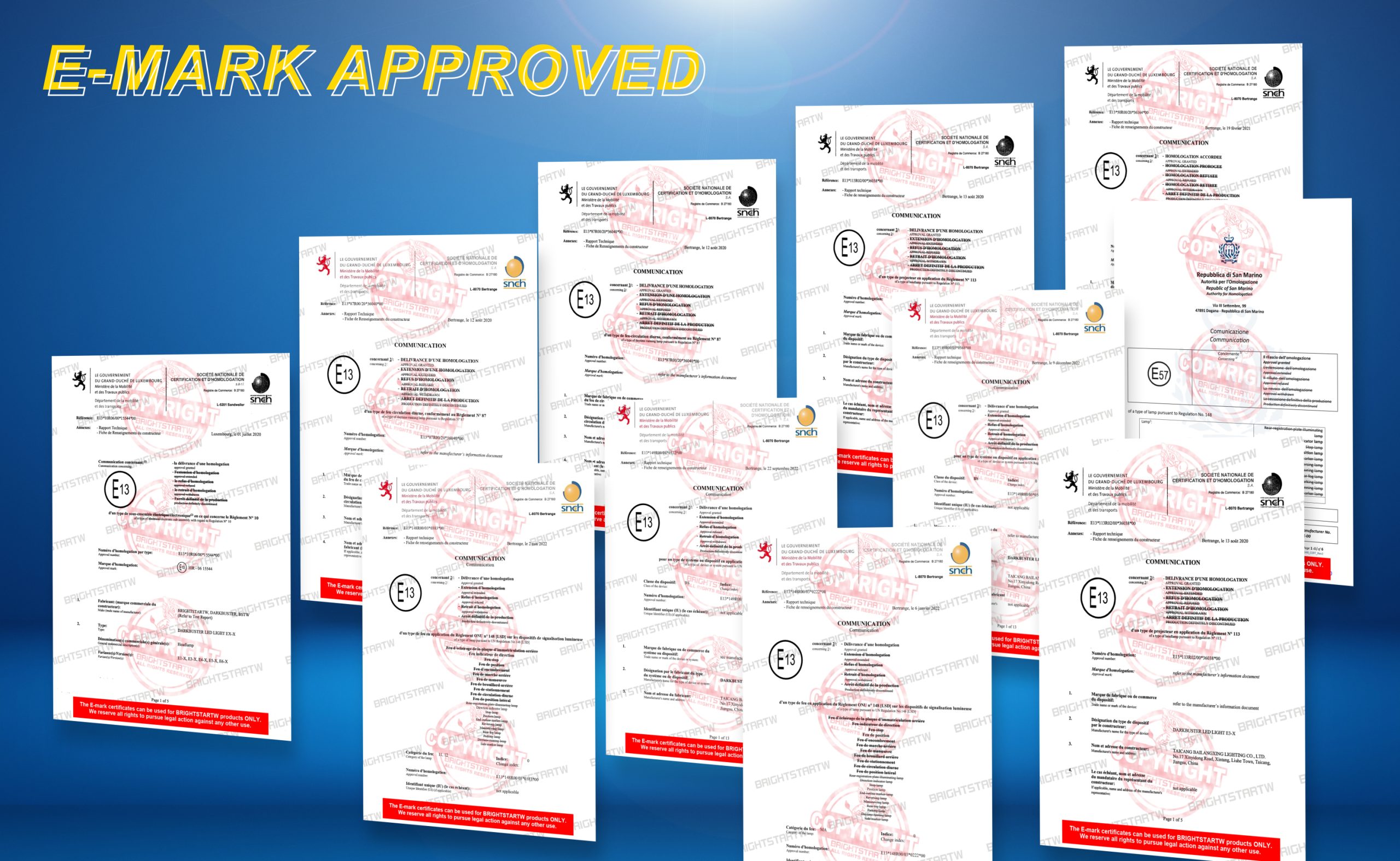 alt="Brightstar pre-certified lighting modules with multiple E-mark approvals for L-category vehicles"